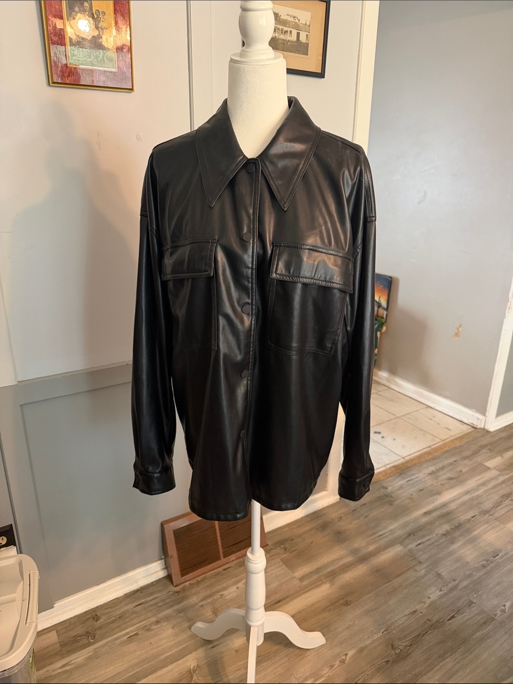 Black Faux Leather Button-Up Jacket - women’s